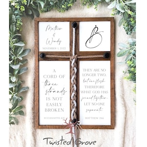 A cord of three strands | What God joined together | Wedding unity ceremony idea braid color cord cross established framed wedding sign gift