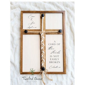 A Cord of Three Strands unity ceremony braided cord cross sign with natural white cotton and Jute cords, non traditional unity ceremony idea