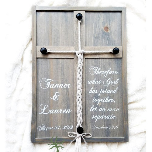Matthew 19:6 | Therefore what God has joined together | wood framed cross sign | Unity ceremony alternative shops | Wedding rope ceremony