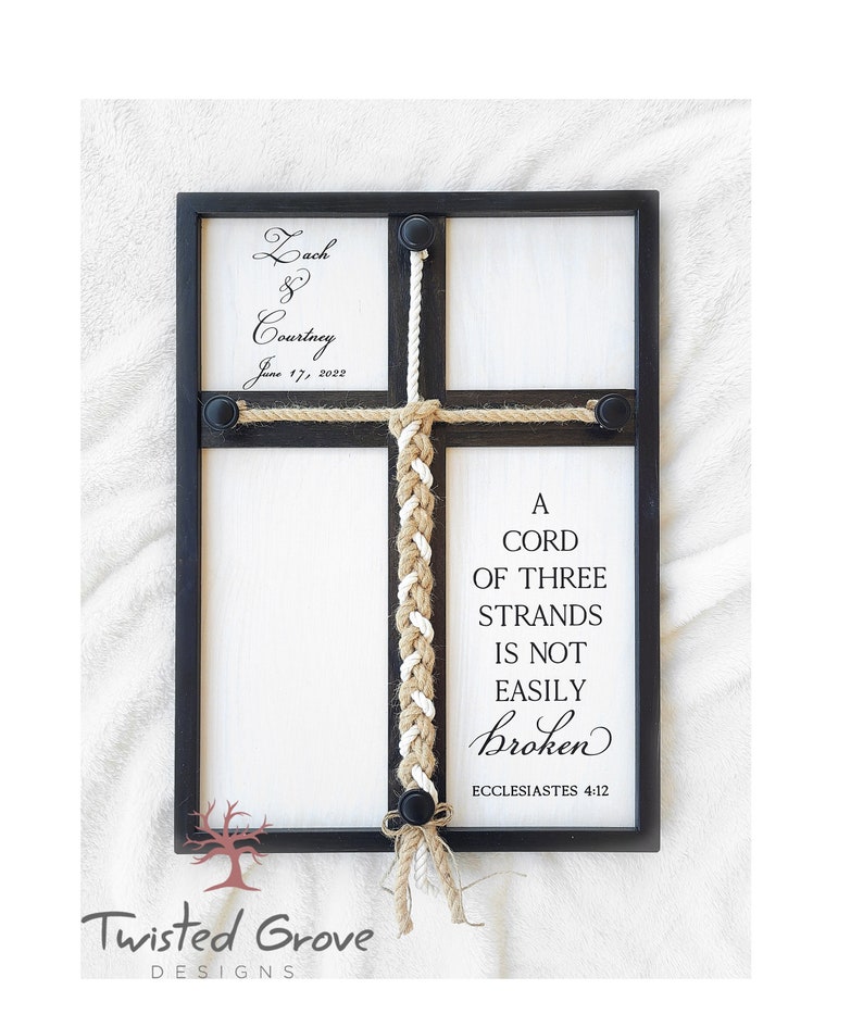 A Cord of Three Strands unity ceremony braided cord cross sign with natural white cotton and shops Jute cords, non traditional unity ceremony idea