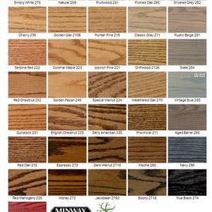 May include: A wood stain color chart with 24 different wood stain colors. The chart is divided into 6 rows of 4 colors each. The colors are labeled with their names and numbers. The chart is made by Minwax and Twisted Grove Designs.