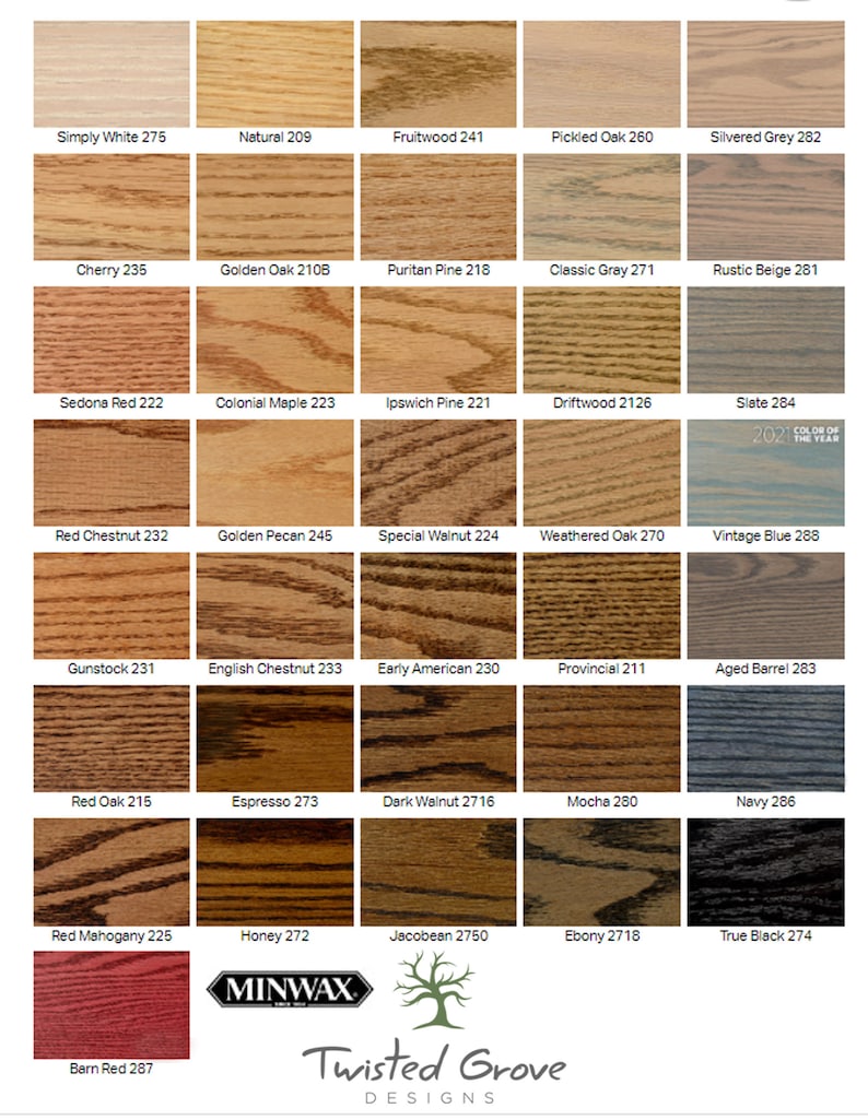 May include: A wood stain color chart with 24 different wood stain colors. The chart is divided into 6 rows of 4 colors each. The colors are labeled with their names and numbers. The chart is made by Minwax and Twisted Grove Designs.