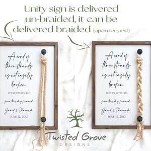 May include: Two wooden signs with a white background and black text. The text on both signs reads "A cord of three strands is not easily broken. Ecclesiastes 4:12" with the date "June 12, 2012" and the names "Jared & Sharanda" below. Each sign has a braided rope hanging from it.