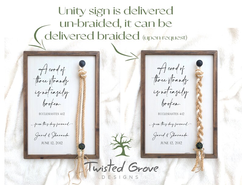 May include: Two wooden signs with a white background and black text. The text on both signs reads "A cord of three strands is not easily broken. Ecclesiastes 4:12" with the date "June 12, 2012" and the names "Jared & Sharanda" below. Each sign has a braided rope hanging from it.