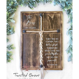Matthew 19:6 What God has joined together let no one separate distressed wood unity ceremony braided cross sign, Rustic Wedding ceremony