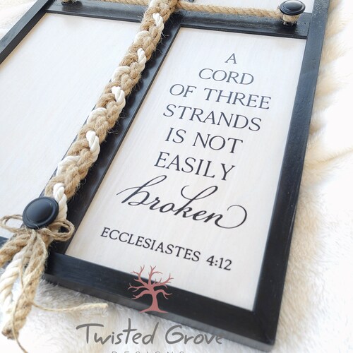 A Cord of Three Strands unity ceremony braided cord cross sign with natural white cotton and shops Jute cords, non traditional unity ceremony idea