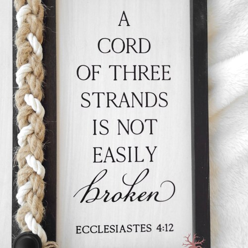 A Cord of Three Strands unity ceremony braided cord cross sign with natural white cotton and shops Jute cords, non traditional unity ceremony idea