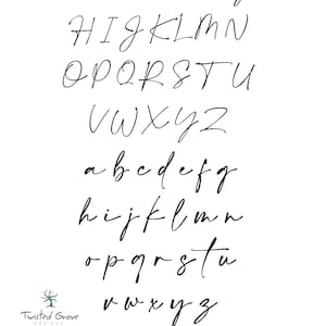 May include: A handwritten font alphabet in black ink on a white background. The alphabet includes uppercase and lowercase letters, as well as numbers 1 through 9 and 0. The font is a casual script style.