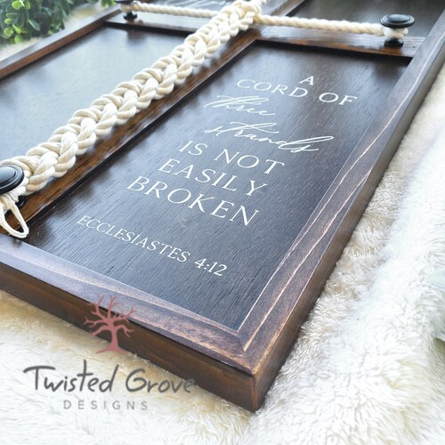 A Cord of Three Strands unity ceremony braided shops cord cross sign with natural cotton cords, non traditional unity ceremony ideas Eccles 4:12