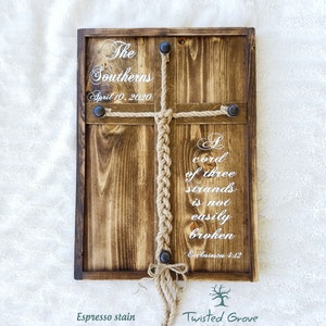 A Cord of Three Strands Is Not Easily Broken rustic wood framed cross sign,  Unity ceremony alternative, Rustic Wedding rope ceremony