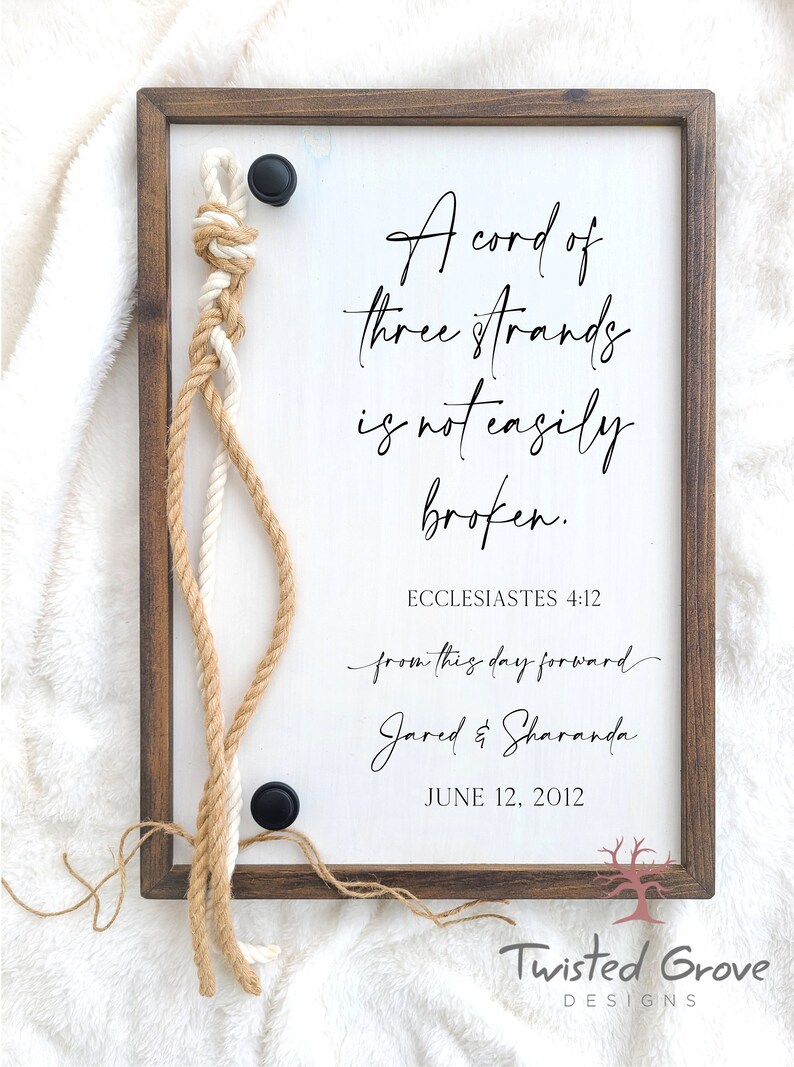 A Cord of Three Strands unity ceremony braided cord cross sign with natural white cotton and Jute cords, non traditional unity ceremony idea image 5
