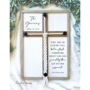 Matthew 19:6 What God has joined together let no one separate unity ceremony braided cross sign with natural white & bright white cords