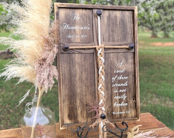 A Cord of Three Strands Rustic Western wooden unity ceremony braided cross sign, Wedding signage décor, Personalized Established sign gift