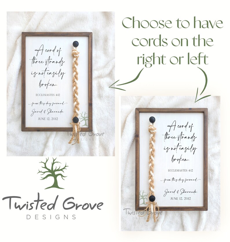 May include: A wooden sign with the text "A cord of three strands is not easily broken."  The sign also includes the text "Ecclesiastes 4:12", "from this day forward", "Jared & Sharanda", and "June 12, 2012".  The sign has a braided rope hanging from it.