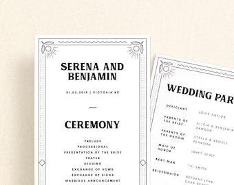 May include: A black and white wedding ceremony program with a geometric design. The program lists the order of events for the ceremony and the wedding party. The text includes the names Serena and Benjamin, the date 01.05.2019, and the location Victoria BC.
