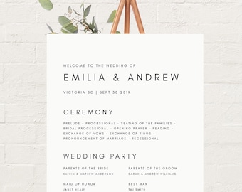 Minimal Wedding Program Sign - Simple - Wedding Welcome Sign - Wedding Ceremony Sign - 18x24" 24x36" - Template - Printable