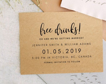 Rustic Funny Save the Date - Free Drinks - Kraft Paper - Save the Date Template - 7x5" - Printable