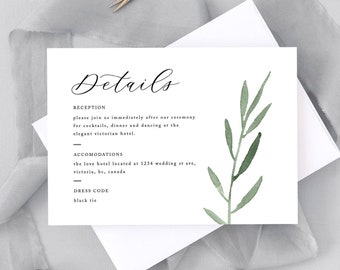 Wedding Details Card - Greenery - Floral - Information Card - Detail Card Template - 7x5" - 6x4" - Wedding Template