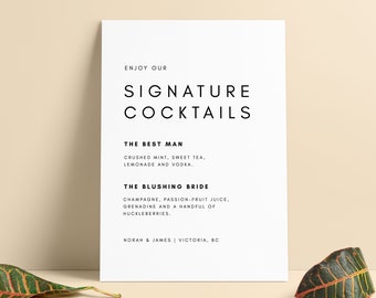Panneau de boisson signature - Moderne - Panneau de cocktail - Panneau de menu de bar de mariage - Panneau de menu de bar - Modèle imprimable