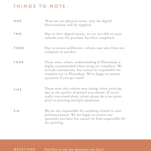 May include: A list of things to note when purchasing digital files or templates. The list includes information about refunds, color variations, Photoshop knowledge, color changes when printing, and printing process responsibilities. The text "FOLKSEE" is at the top of the page.