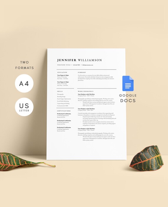 Resume Template Google Docs Resume Template Minimal Cv Etsy