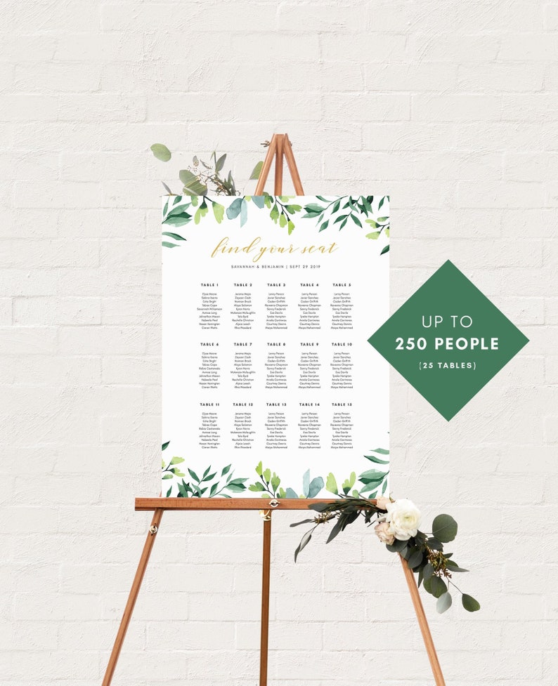 Template Seating Chart Template Wedding Seating Plan Seating Chart Wedding Greenery Wedding Seating Chart 250 People