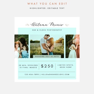 May include: A teal and white graphic with the text "Autumn Minis" and "Oak & Clove Photography". The graphic also includes the text "Booking Oct 15-30th", "20 min, sessions", "10 final images", "$250", "Limited spots", "Book now!" and "123-456-7890 | hello@oakandclove.com". The graphic also includes three photos of families in a fall setting.