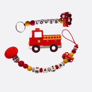 Pacifier clip with firefighter name, baby gift, personalized pacifier clip, firefighter truck key ring