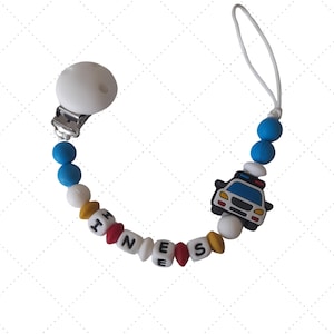 Clip para chupete personalizado azul y blanco modelo coche de policía rojo niño o niña totalmente en silicona nombre personalizado