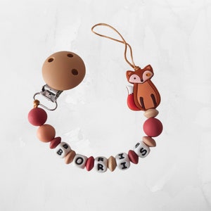 Personalized brown fox pacifier clip, baby birth gift, boy or girl