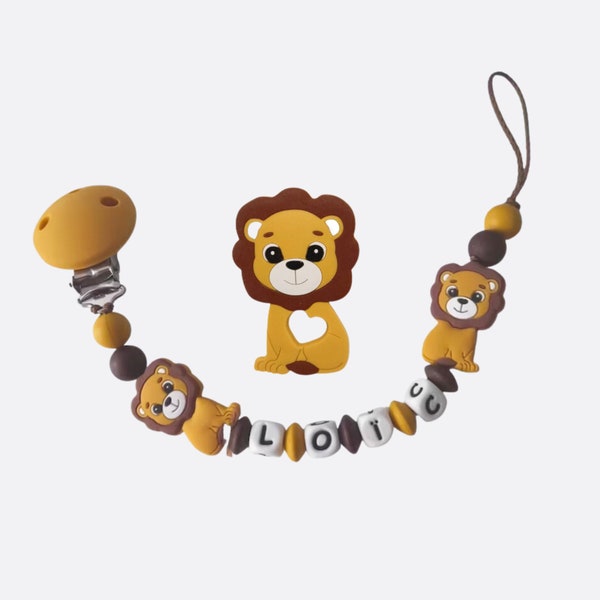 Schnullerclip Dschungellöwe, Silikon-Schnullerclip, Geschenk zur Geburt eines Babys, Personalisierung möglich 2 Löwenperlen