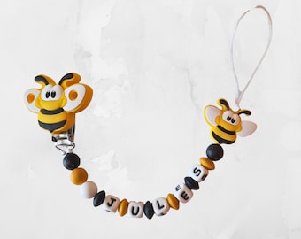 Attache tétine Abeille, Cadeau Naissance prénom personnalisé , modèle garçon ou fille, clip silicone abeille