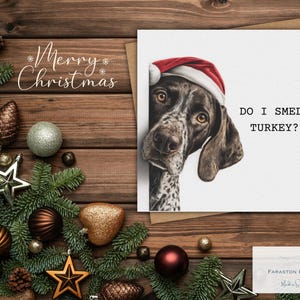 May include: A festive Christmas card with a German Shorthaired Pointer wearing a Santa hat, text reads "DO I SMELL TURKEY?" and "Merry Christmas". The card is set amongst Christmas decorations and pine on a wooden surface.