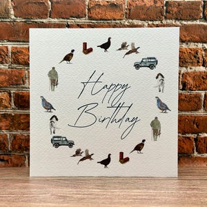 Countryside Birthday Card: Pheasant, Grouse, Partridge, Land Rover, Gamekeeper, Springer Spaniel