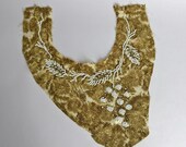 Neckline Applique White Beads Rhinestones Green Patch Fabric Handmade Embroidery Vintage 70s Craft Projects