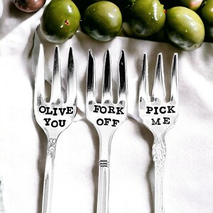 Hand Stamped Vintage Silver Plate Olive Forks: Set of 3, Charcuterie