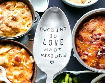 Hand Stamped Vintage Silver Plate Serving Spoon: Cooking is Love