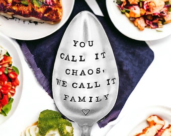 Hand Stamped Vintage Silver Plated Serving Spoon, 'You Call it Chaos'