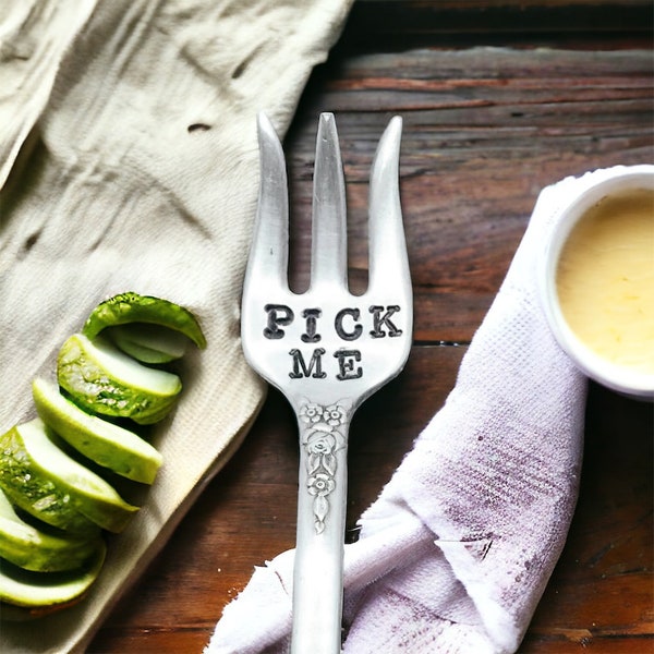 Pick Me hand stamped vintage personalized and customized olive or pickle fork, Charcuterie board, Thanksgiving, hostess gift, host gift