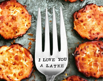 I Love You a Latke Hand Stamped Vintage Serving Fork - Hanukkah Gift