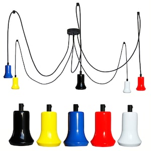 Piet Mondrian lamp inspiration, Black Spider Pendant Lamp,  Textile cable, 5-ports Hanging Bell Lamp, White Chandelier, Red, Blue, Yellow