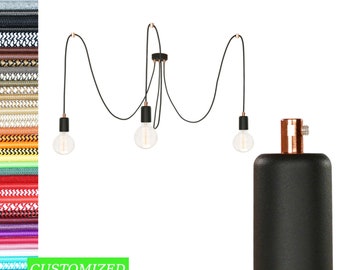 Schwarze Spinne 3-Lampe l Jute-Leinenkabel l 3-Port-Pendelleuchte l Wollhaken-Haken l Spinnen-Kronleuchter l Textilkabel l Hängelampe