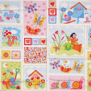Makower UK Bugs Panel #785 Butterfly Frog Snail Bird Cotton Fabric 24"X44" PANEL