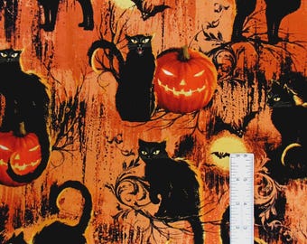 Black Cats Moon Halloween Fabric By The Yard Orange Cotton by Hi Fashion