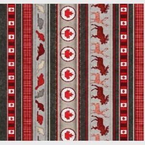 Canada Maple Leaf Moose Fabric Stripe Great White North Cotton QT By The Yard