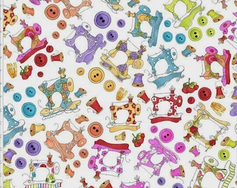 Sew Machine Button Toss White Fabric By the Yard Cotton Loralie Designs