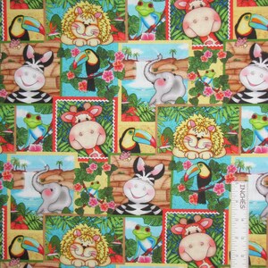 May include: A cotton fabric featuring a repeating pattern of cartoon jungle animals including elephants, lions, zebras, toucans, and frogs with tropical flowers. An L-shaped ruler is placed on the fabric, showing a scale in inches.