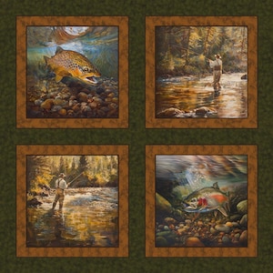 Fishing Trout Fisherman Fish Fabric | 36" X44" Panel Cotton | Trout on the Fly