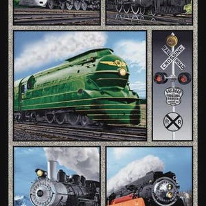 May include: A multi-panel print featuring five distinct steam locomotives in various colors including black, green, and orange, alongside a railroad crossing sign with the text RAIL CROSSING and a row of red train wheels along the bottom edge.