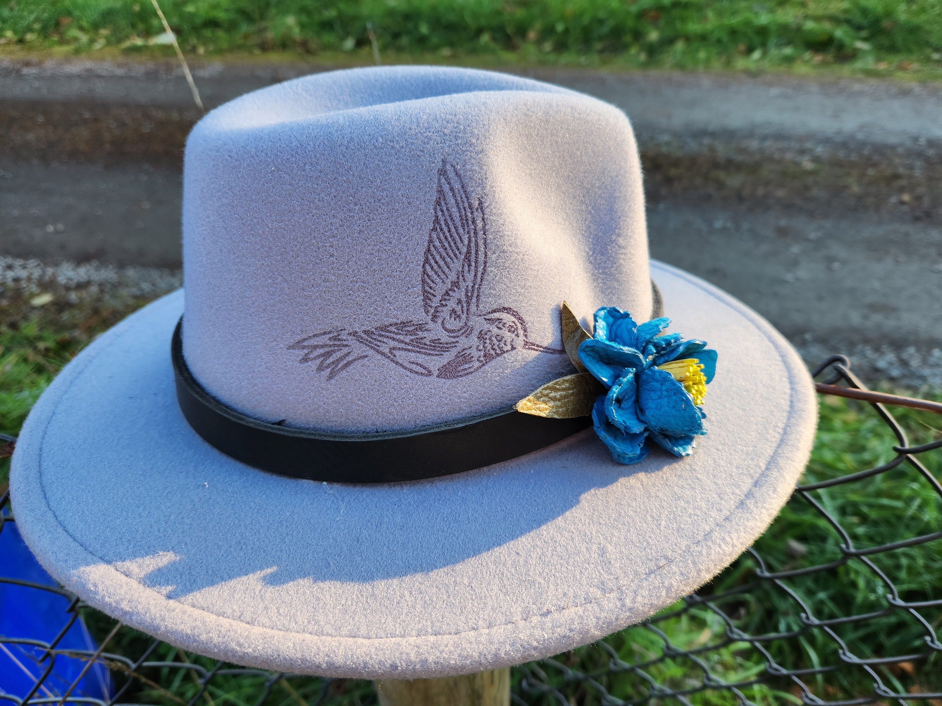 Hand Burned And Colored Bird Design Hat with Blue Accent Band Custom hat burning with personal doodle design main image 2